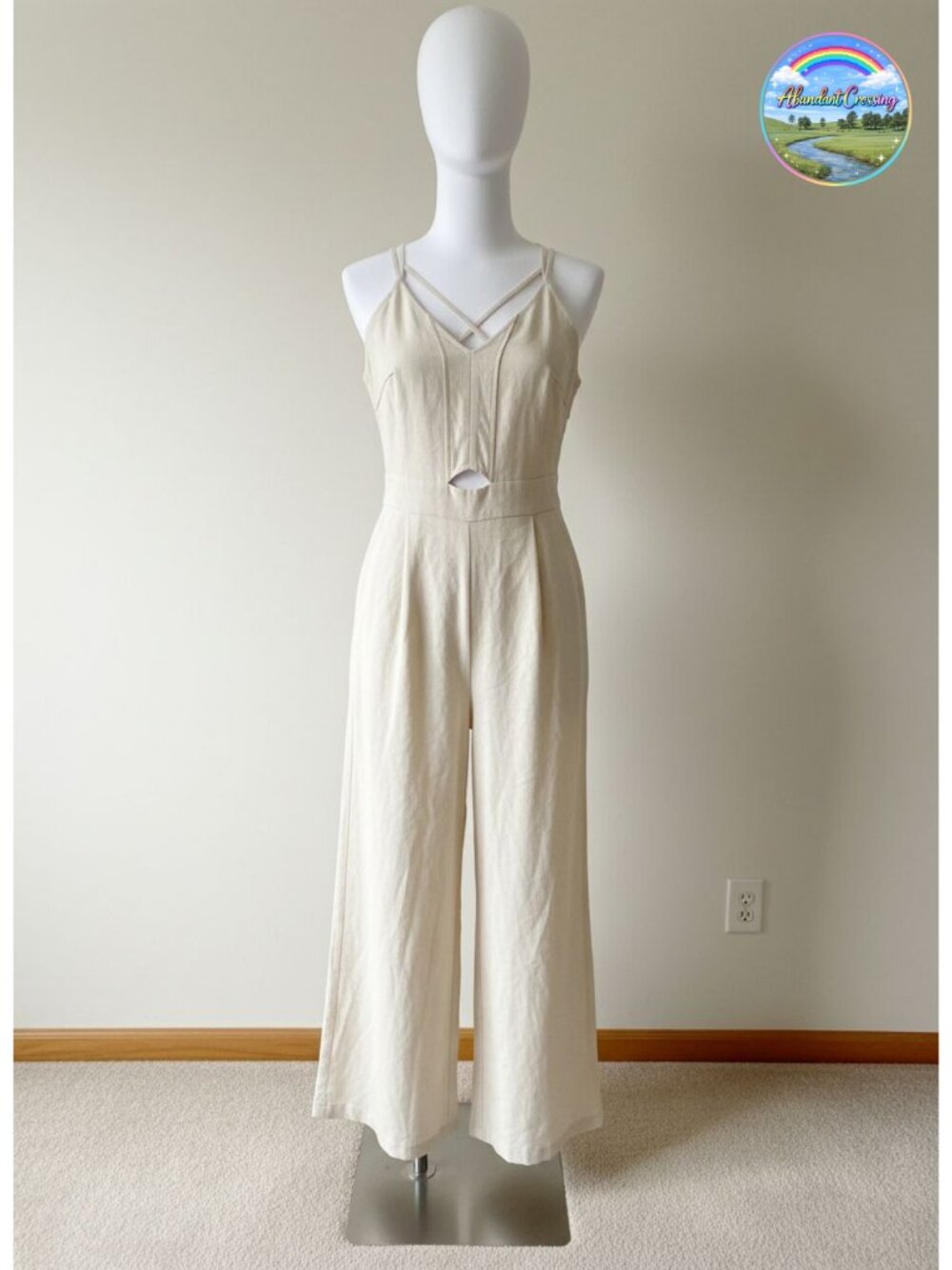 Linen Wide Leg Sleeveless Jumpsuit Cutout V-Neck Adjustable Straps
